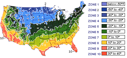 A hardiness zone map of the United States.
