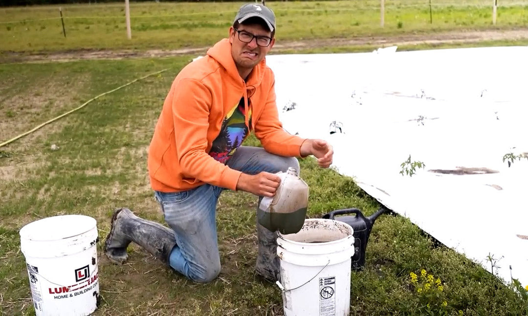 A man with a bucket of weed tea fertilizer.