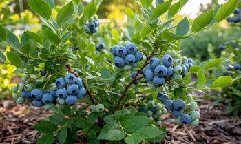 Blueberries growing on a healthy plant.