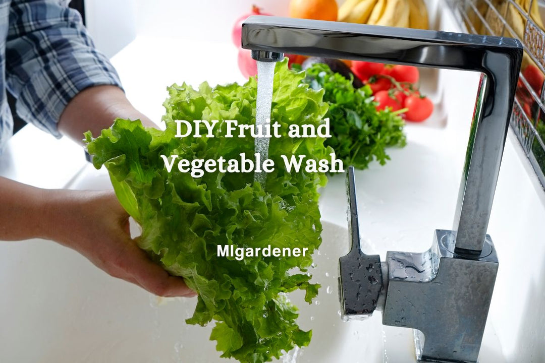 A person using a fruit and vegetable wash to clean produce.