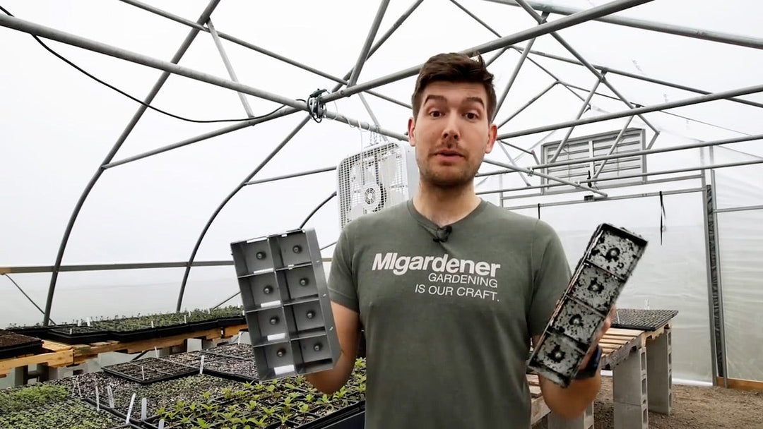 A man in a greenhouse holding soil blocking tools.