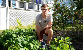 A man explaining fertilizing an organic garden. 