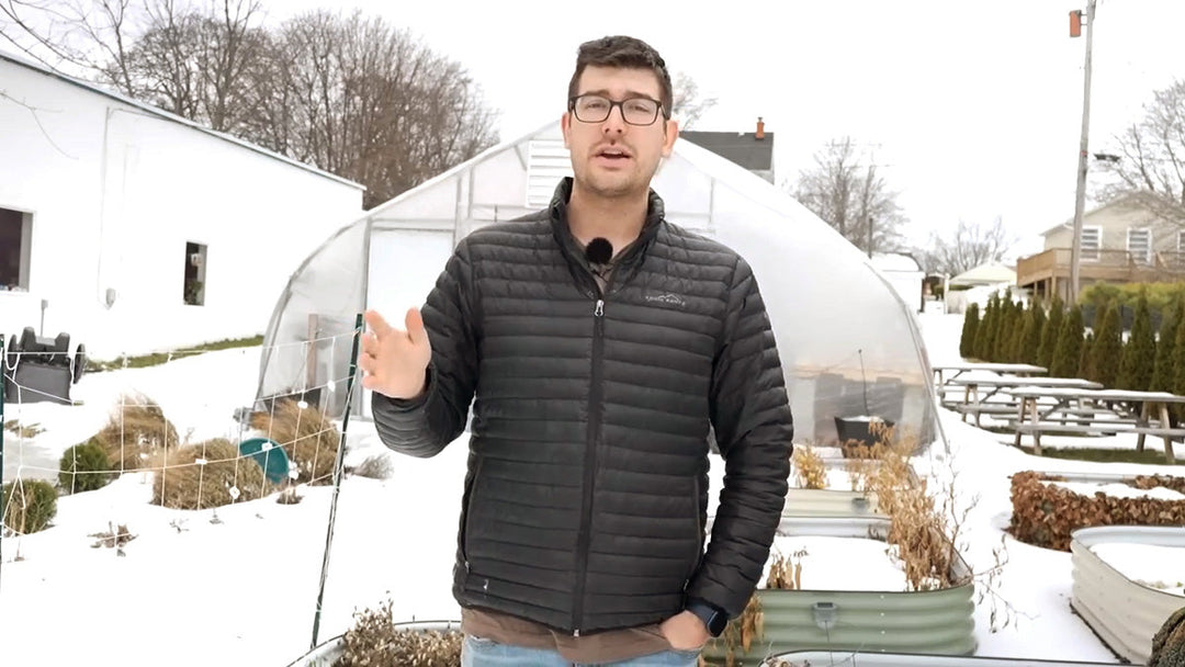 A man standing in a snowy garden in February.