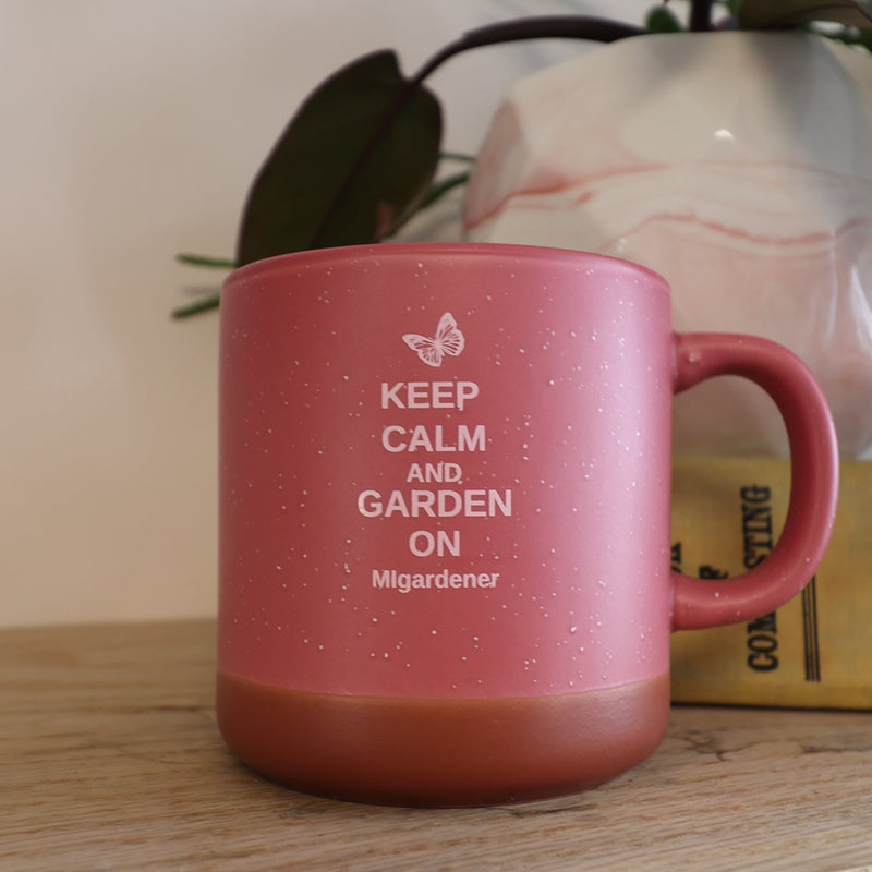 MIgardener Keep Calm and Garden On Speckled Pink Mug