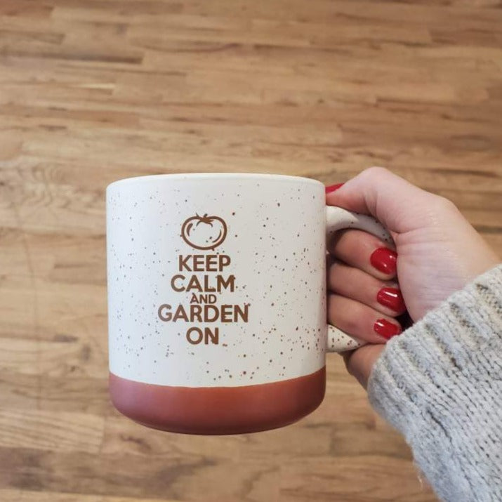 MIgardener Keep Calm and Garden On Speckled Cream Mug